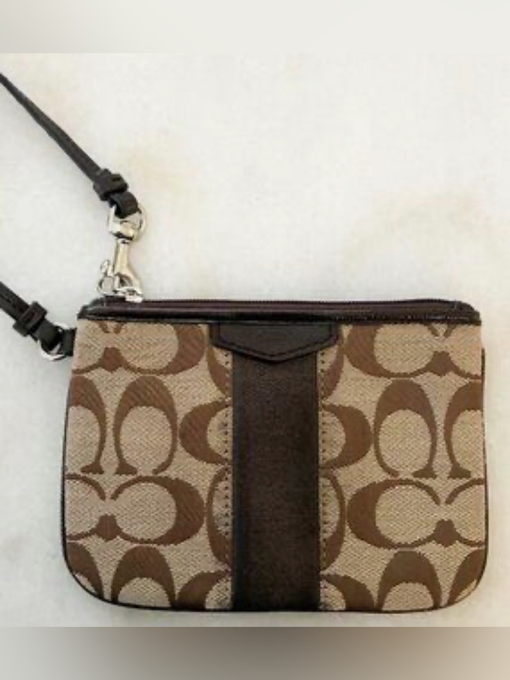 Coach Brown Monogram Canvas Wristlet with Leather Tag
